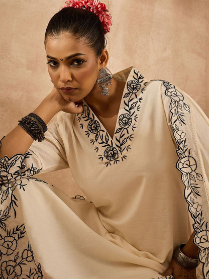 Women Floral Embroidered Regular Thread Work Pure Cotton Kurta with Trousers & With Dupatta