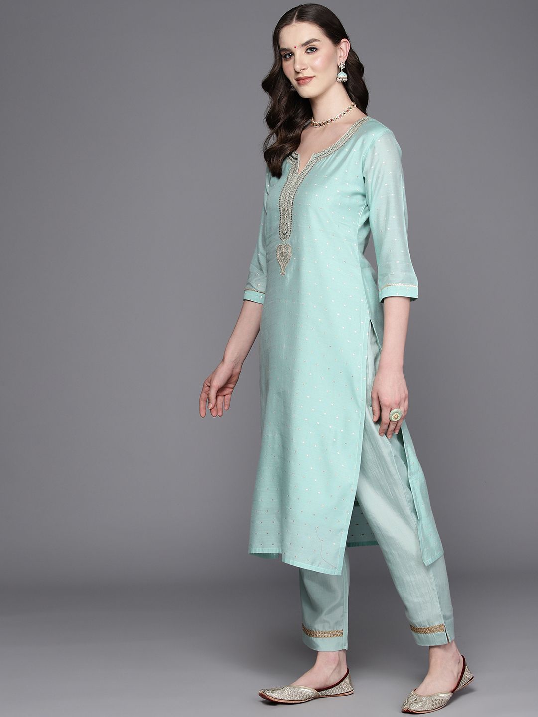 Indyancart IE Embroidered Regular Sequinned Chanderi Silk Kurta with Trousers & Dupatta