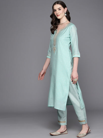 Indyancart IE Embroidered Regular Sequinned Chanderi Silk Kurta with Trousers & Dupatta