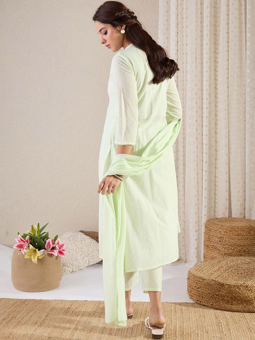Indyancart IE Embroidered Mandarin Collar A-Line Pure Cotton Kurta With Trousers And Dupatta