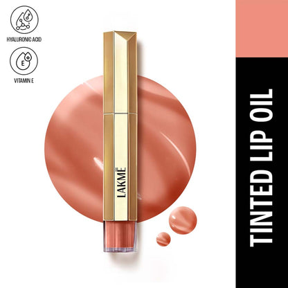 Lakme 9to5 Overtime Shine Hydrating Tinted Lip Gloss in Everyday Nude with hyaluronic acid, featuring a glossy nude lip look.