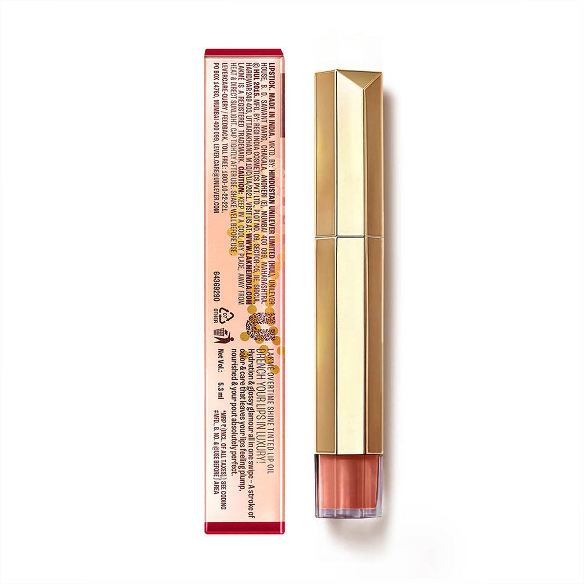 Lakme 9to5 Overtime Shine Hydrating Tinted Lip Gloss in Everyday Nude with hyaluronic acid, featuring a smooth, glossy finish.