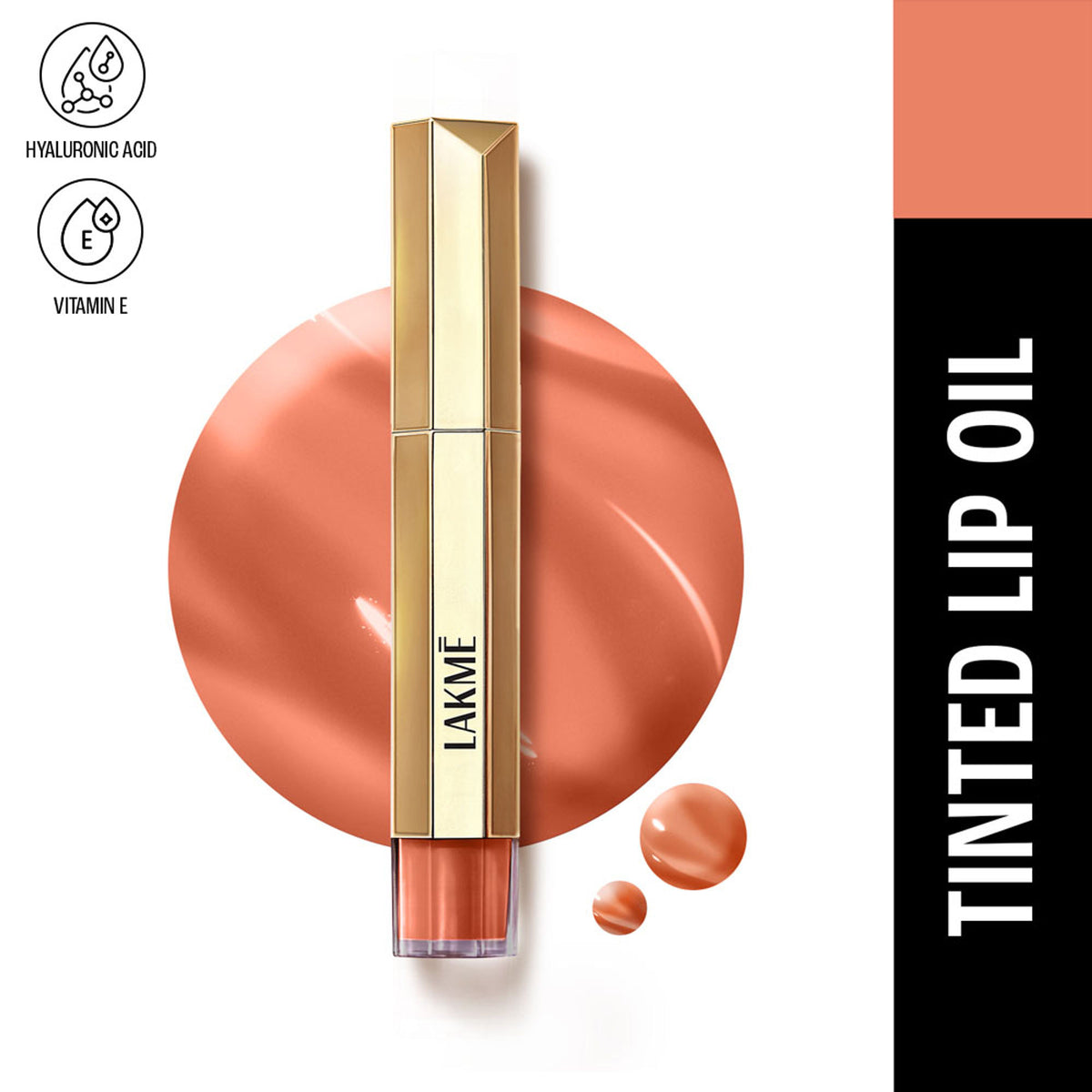 Lakme 9to5 Overtime Shine Hydrating Tinted Lip Gloss in Coral Charm with hyaluronic acid, showing glossy coral-colored lip gloss tube