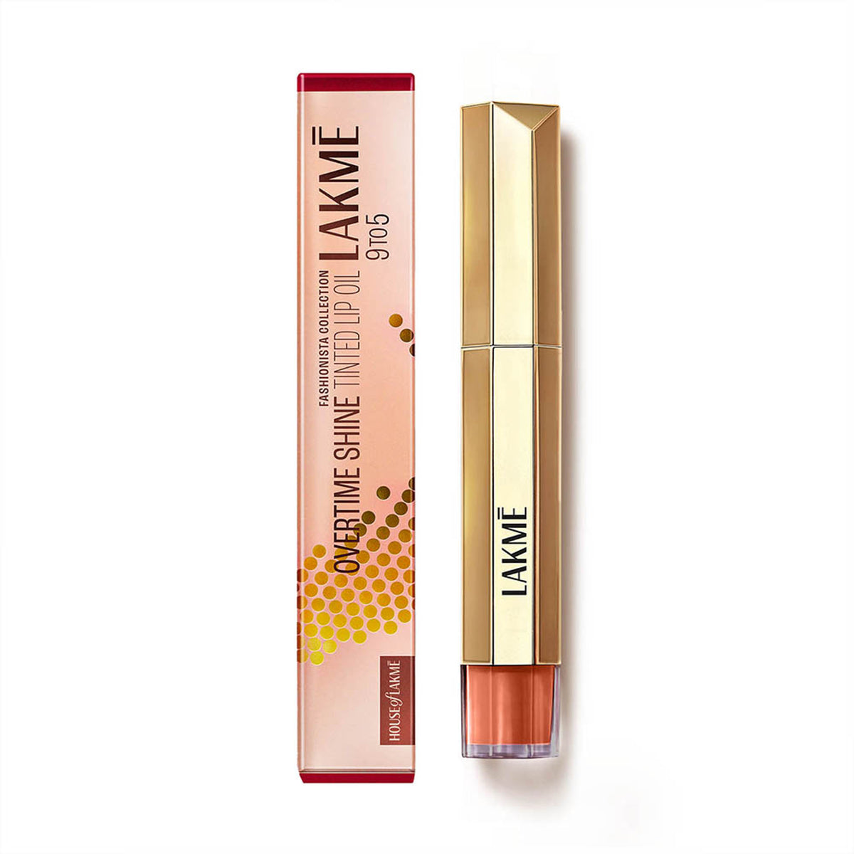 Lakme 9to5 Overtime Shine Hydrating Tinted Lip Gloss in Coral Charm with hyaluronic acid, showing the glossy coral-colored lip gloss tube.