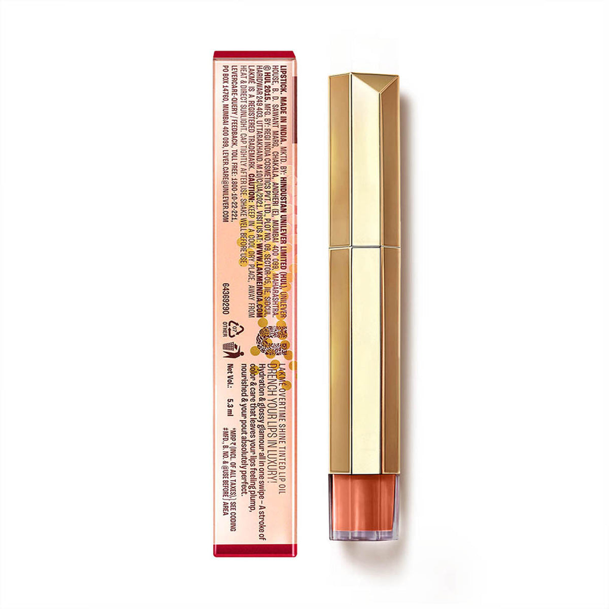 Lakme 9to5 Overtime Shine Hydrating Tinted Lip Gloss in Coral Charm with hyaluronic acid, showing the glossy coral-colored lip gloss tube.