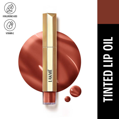 Lakme 9to5 Overtime Shine Hydrating Tinted Lip Gloss Oil in Cocoa Truffle with hyaluronic acid, showing the glossy lip product in a tube.