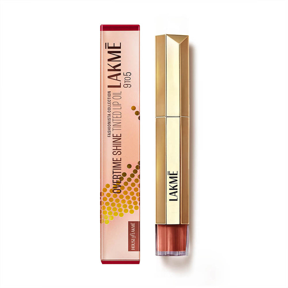 Lakme 9to5 Overtime Shine Hydrating Lip Gloss in Cocoa Truffle with Hyaluronic Acid, showing the glossy lip gloss tube and applicator.