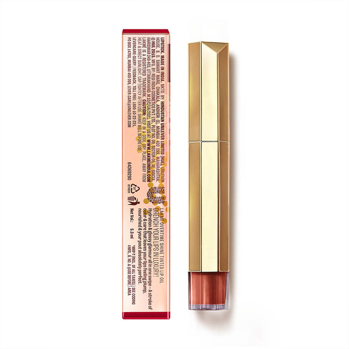 Lakme 9to5 Overtime Shine Hydrating Tinted Lip Gloss Oil in Cocoa Truffle with Hyaluronic Acid, showing the gloss applied on lips.