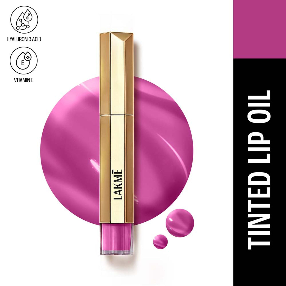 Lakme 9to5 Overtime Shine Hydrating Lip Gloss Oil in Violet Vixen with hyaluronic acid, showing glossy violet lip gloss on lips.