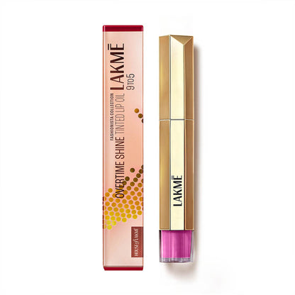Lakme 9to5 Overtime Shine Hydrating Tinted Lip Gloss in Violet Vixen with hyaluronic acid, featuring a glossy purple lip look.