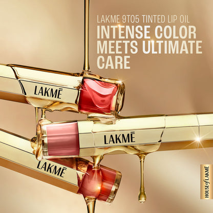 Lakme 9to5 Overtime Shine Hydrating Tinted Lip Gloss Oil in Violet Vixen, featuring a glossy violet lip gloss with hyaluronic acid.