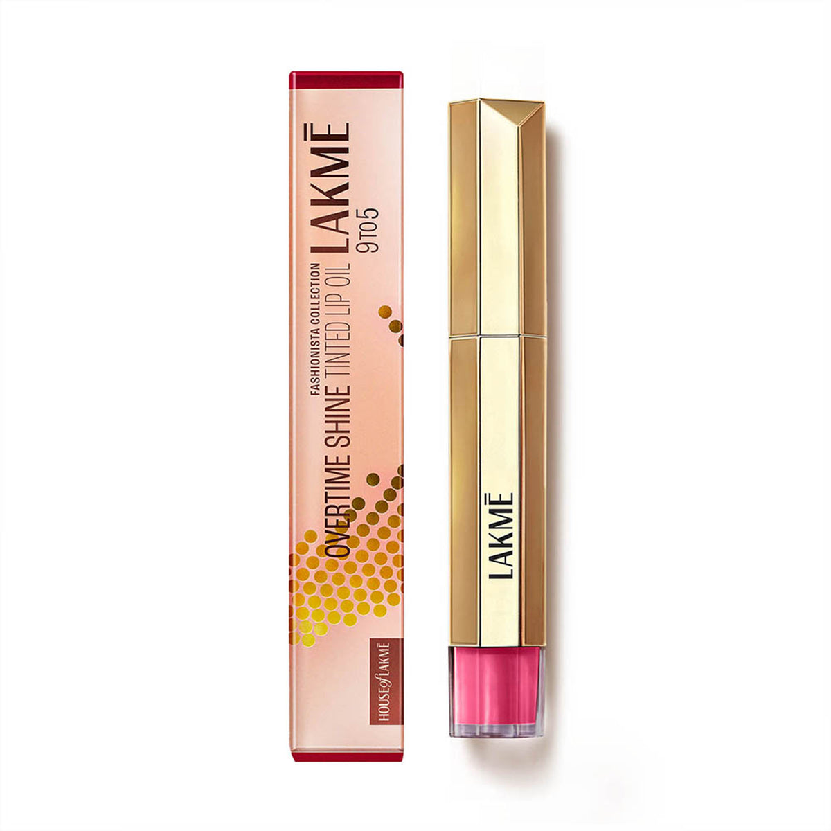 Lakme 9to5 Overtime Shine Hydrating Tinted Lip Gloss Oil in Berry Bling with hyaluronic acid, showing the gloss on lips.