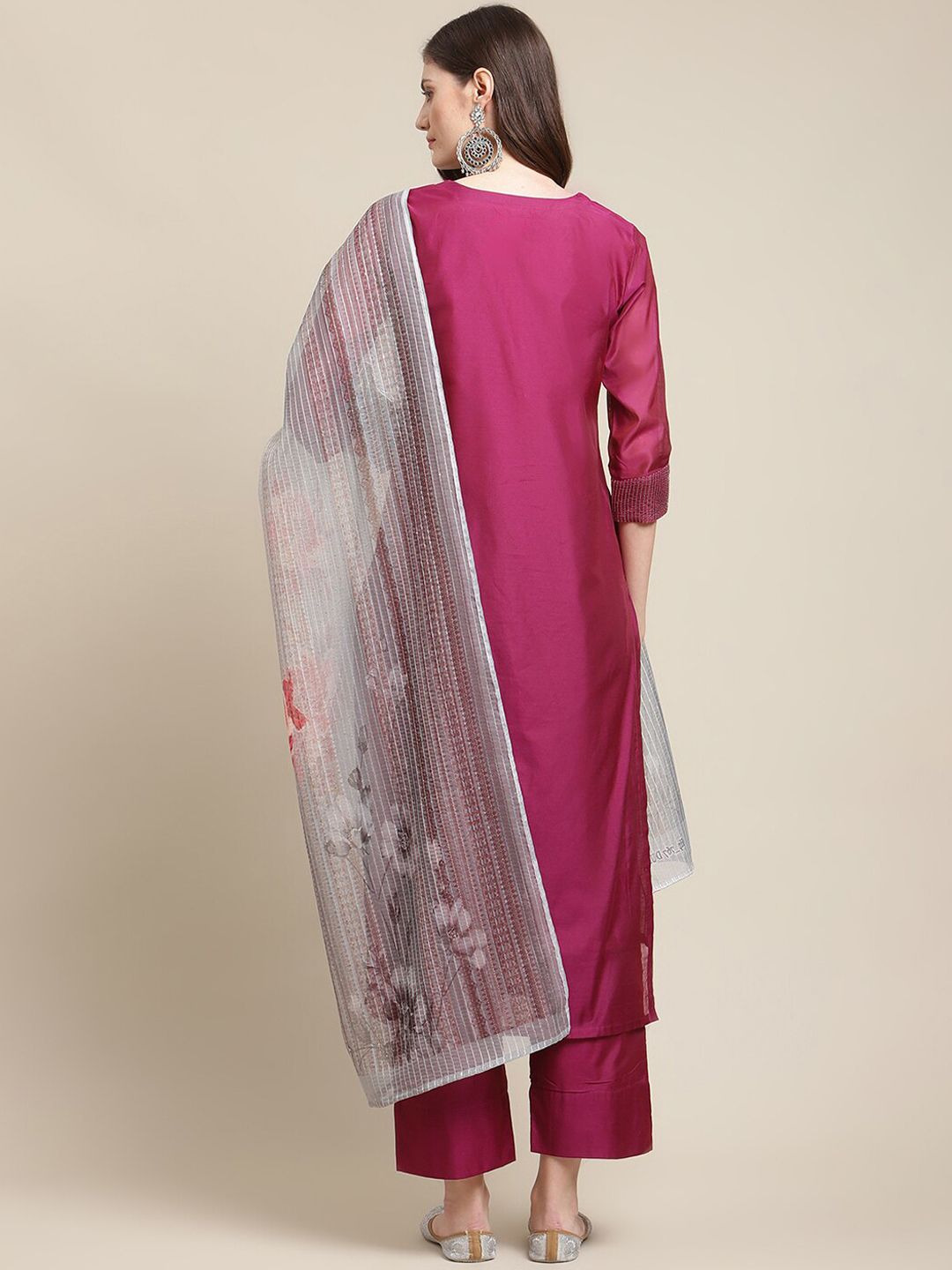 Indyancart VA Women's Magenta Floral Embroidered Chanderi Silk Kurta with Trousers & With Dupatta