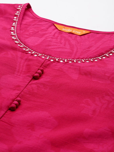 Indyancart IE Floral Printed Beads & Stones Pure Cotton Kurta With Trousers & Dupatta