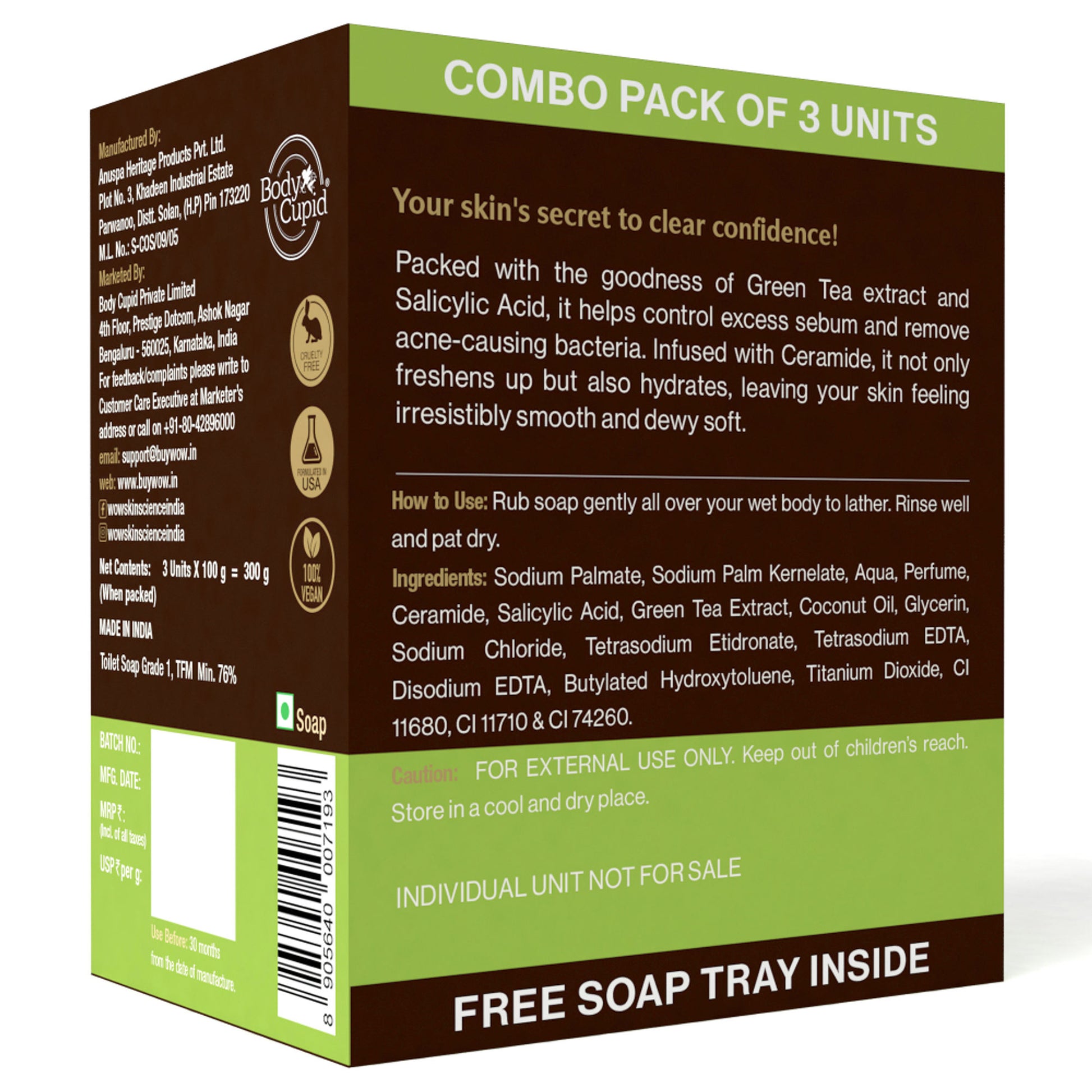 WOW Skin Science Green Tea & Ceramide Moisturizing Soap - Pack of 3