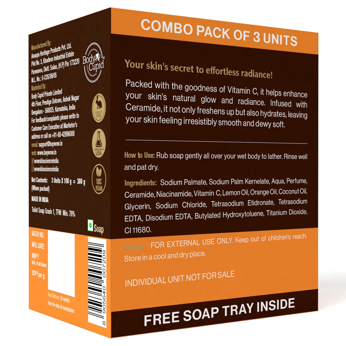 WOW Skin Science Vitamin C & Ceramide Moisturizing Soap - Pack of 3