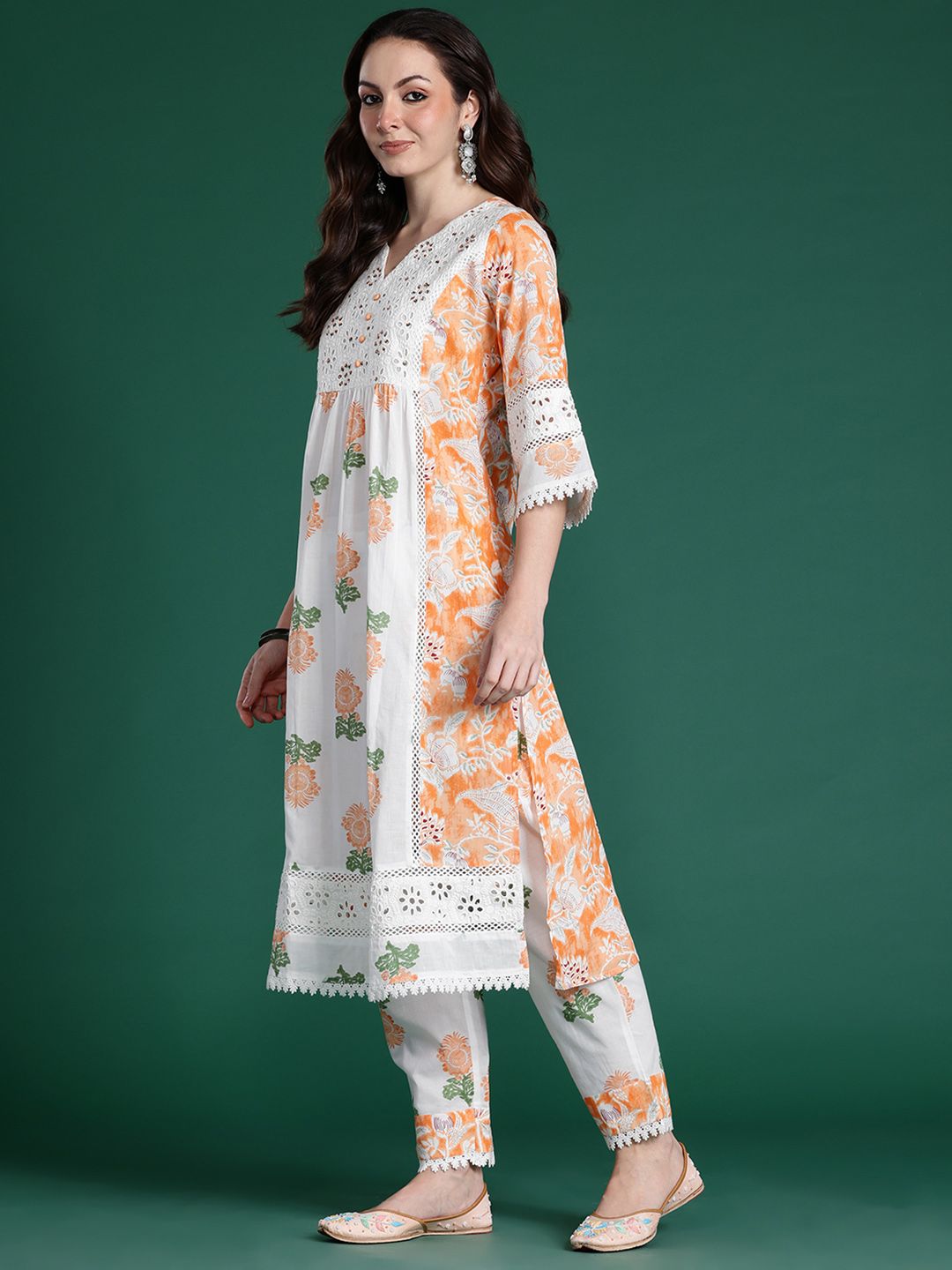 Indyancart IE Floral Printed Pure Cotton Kurta with Trousers & Dupatta