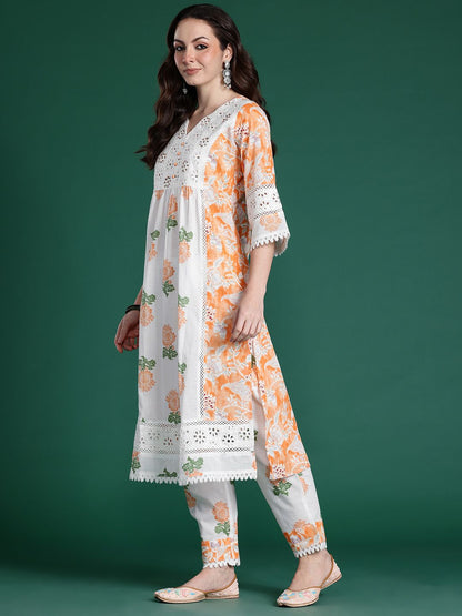 Indyancart IE Floral Printed Pure Cotton Kurta with Trousers & Dupatta