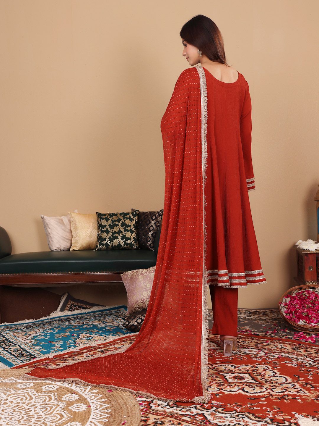 Indyancart VA Women'sSequinned Silk Crepe Anarkali Kurta with Trousers & With Dupatta