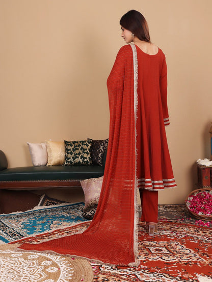 Indyancart VA Women'sSequinned Silk Crepe Anarkali Kurta with Trousers & With Dupatta
