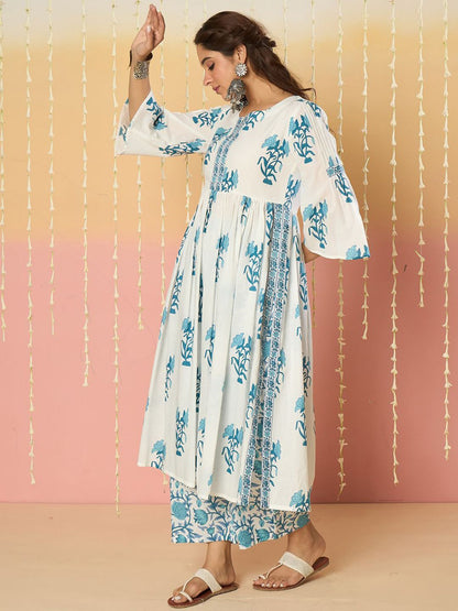 Indyancart IE Women Floral Printed Regular Pure Cotton Kurta with Palazzos