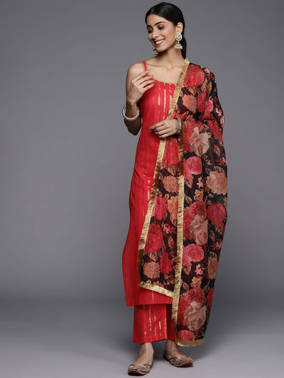 Indyancart VA Women's Red Gotta Patti Pure Cotton Kurta with Trousers & Dupatta