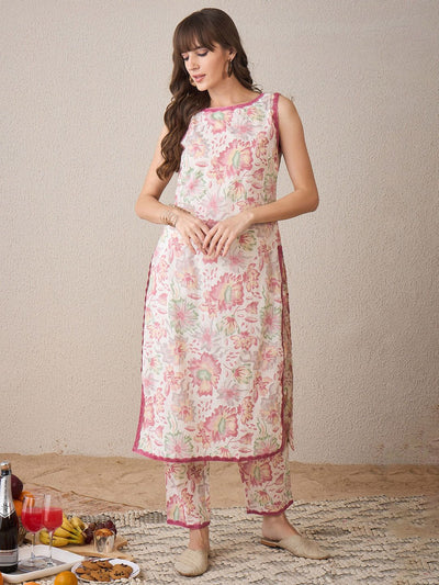Dhiyona IE Floral Printed Boat Neck Pure Cotton Straight Kurta With Trouser