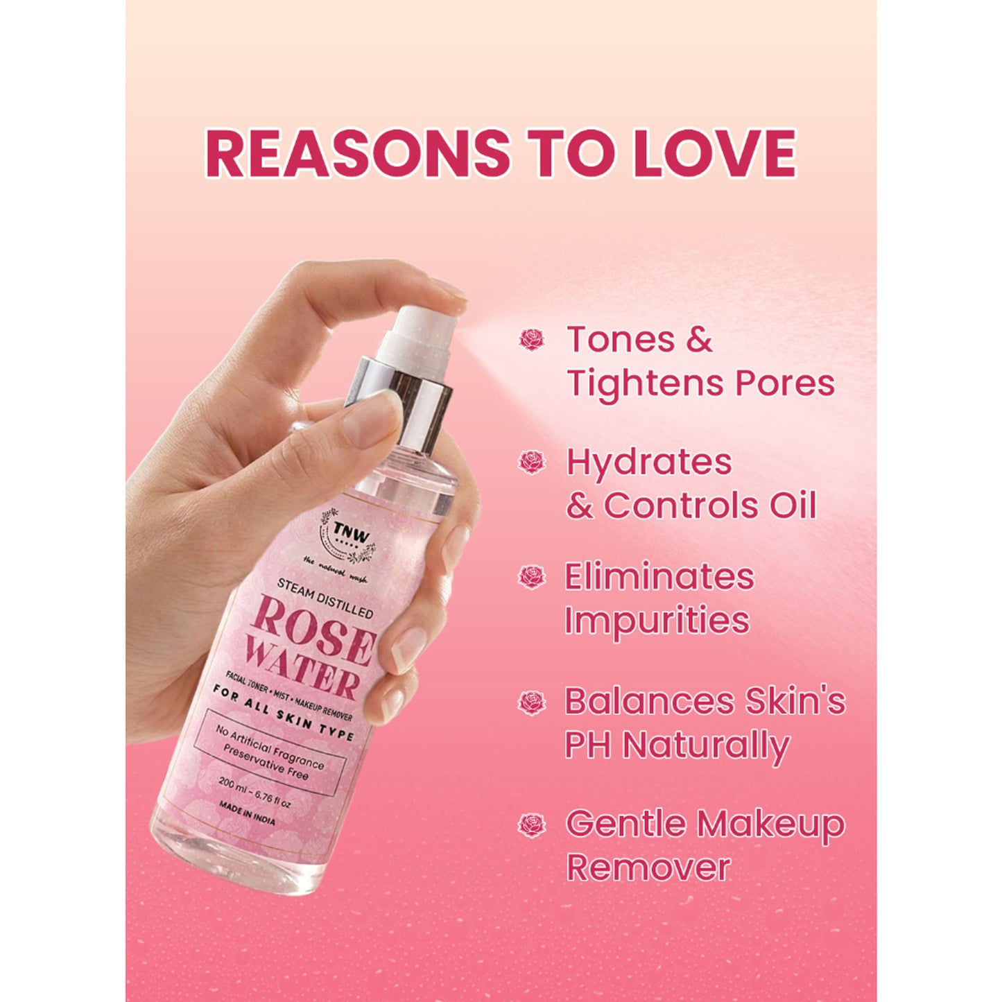 TNW The Natural Wash 100% Steam Distilled Rose Water Face Toner Spray Gulab Jal Hydration