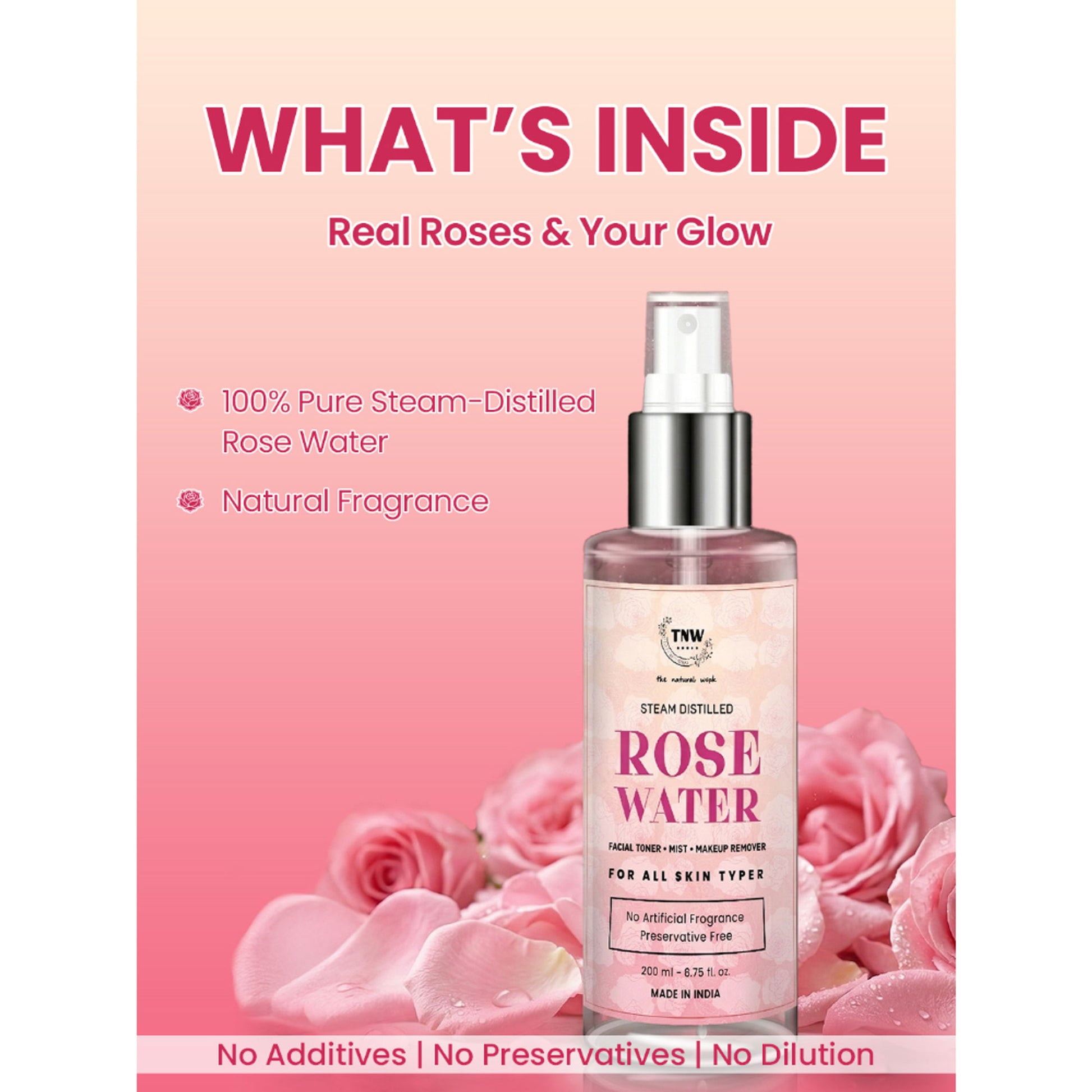 TNW The Natural Wash 100% Steam Distilled Rose Water Face Toner Spray Gulab Jal Hydration