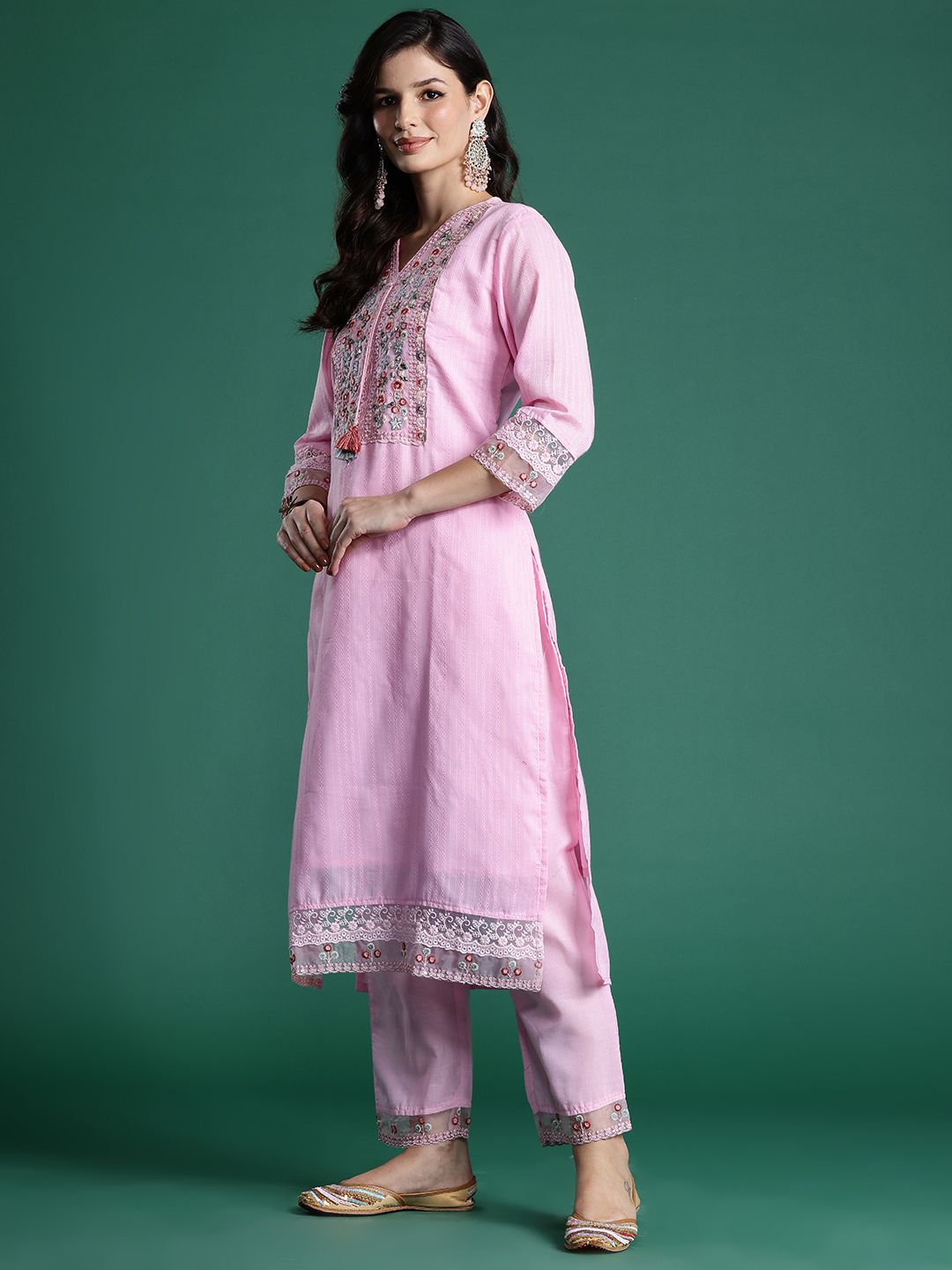 Indyancart IE Floral Embroidered Sequinned Pure Cotton Kurta With Trousers & Dupatta