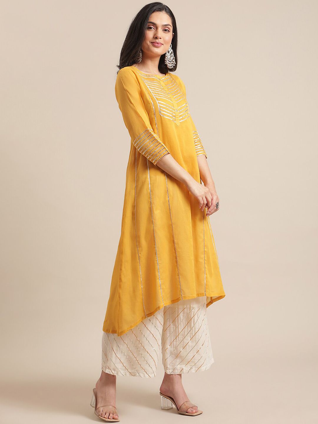 Indyancart VA Women's Mustard Yellow Panelled Gotta Patti Pure Cotton Kurta with Trousers