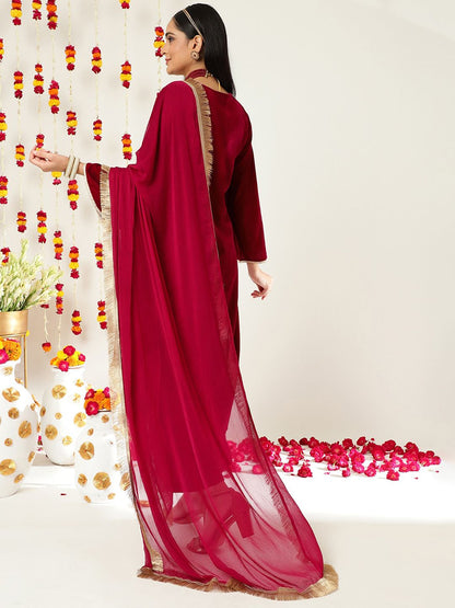 Indyancart VA Burgundy Ethnic Motifs Embroidered Velvet Kurta With Palazzos & Dupatta