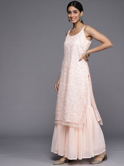 Indyancart VA Women Peach-Coloured Floral Sequinned Kurta with Sharara & With Dupatta