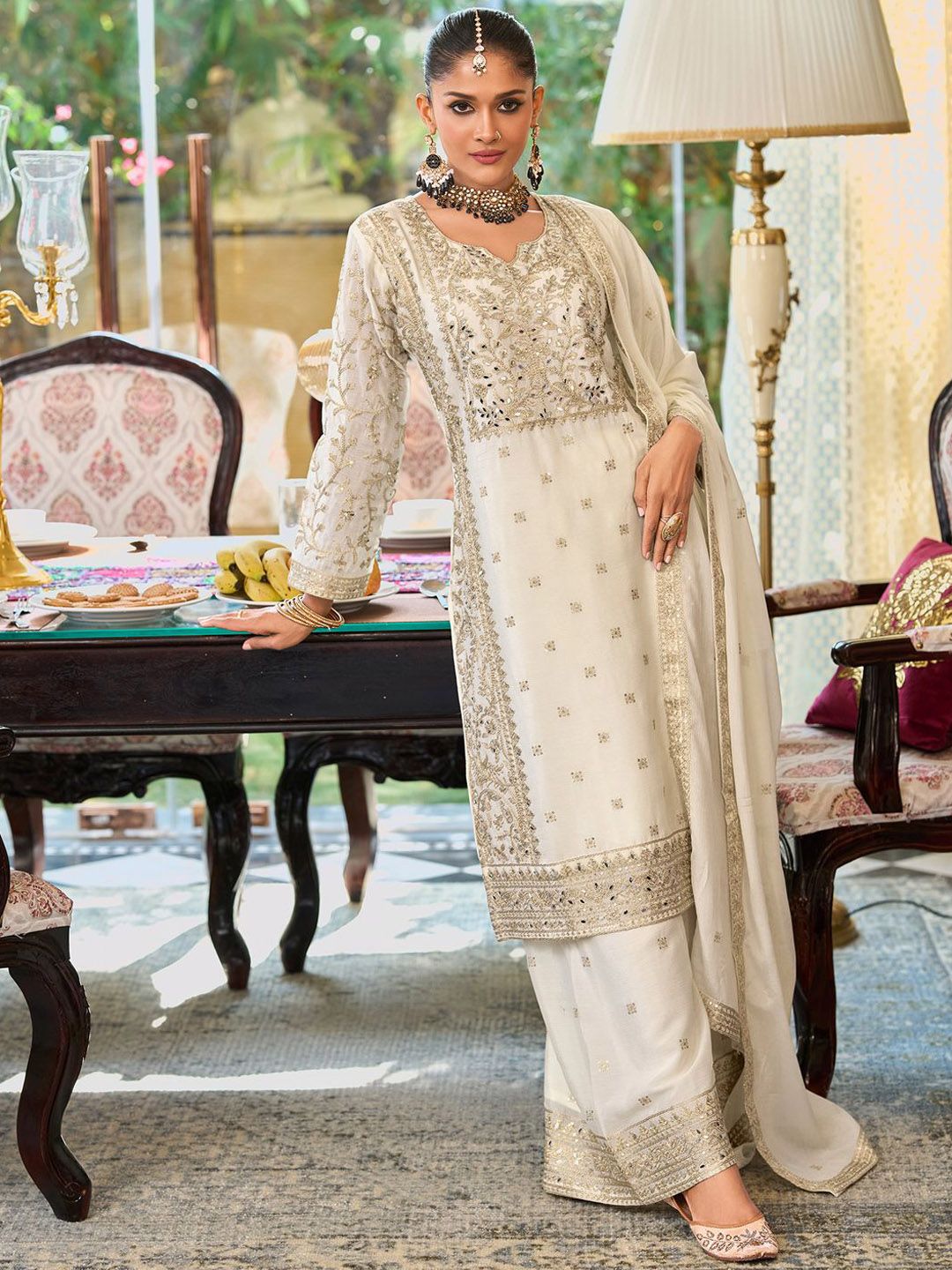 Indyancart IE Floral Embroidered Notch Neck Mirror Work Straight Kurta With Palazzos & Dupatta