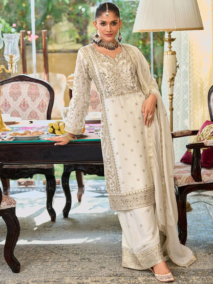 Indyancart IE Floral Embroidered Notch Neck Mirror Work Straight Kurta With Palazzos & Dupatta