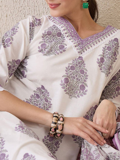 Indyancart IE Floral Printed V-Neck Pure Cotton Sequinned Kurta With Trousers & Dupatta