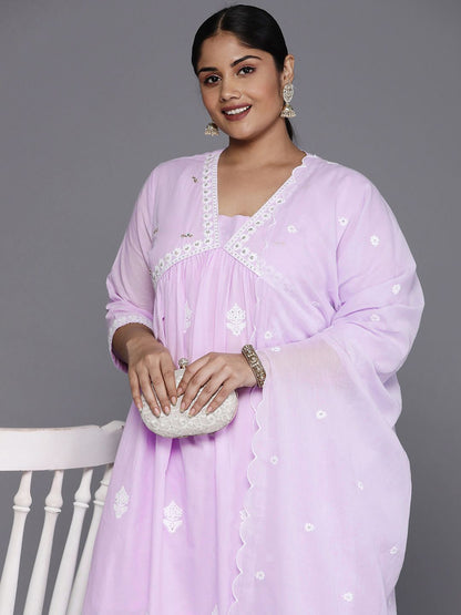 Indyancart VA Women'sPlus Size Floral Embroidered Empire Thread Work Pure Cotton Kurta Set