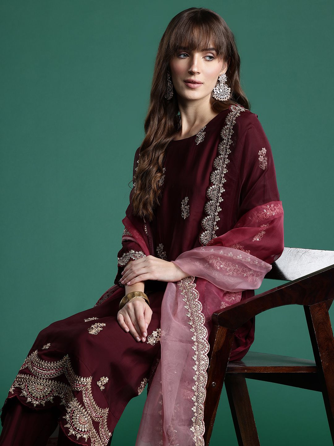 Floral Embroidered Sequinned Kurta With Trousers & Dupatta