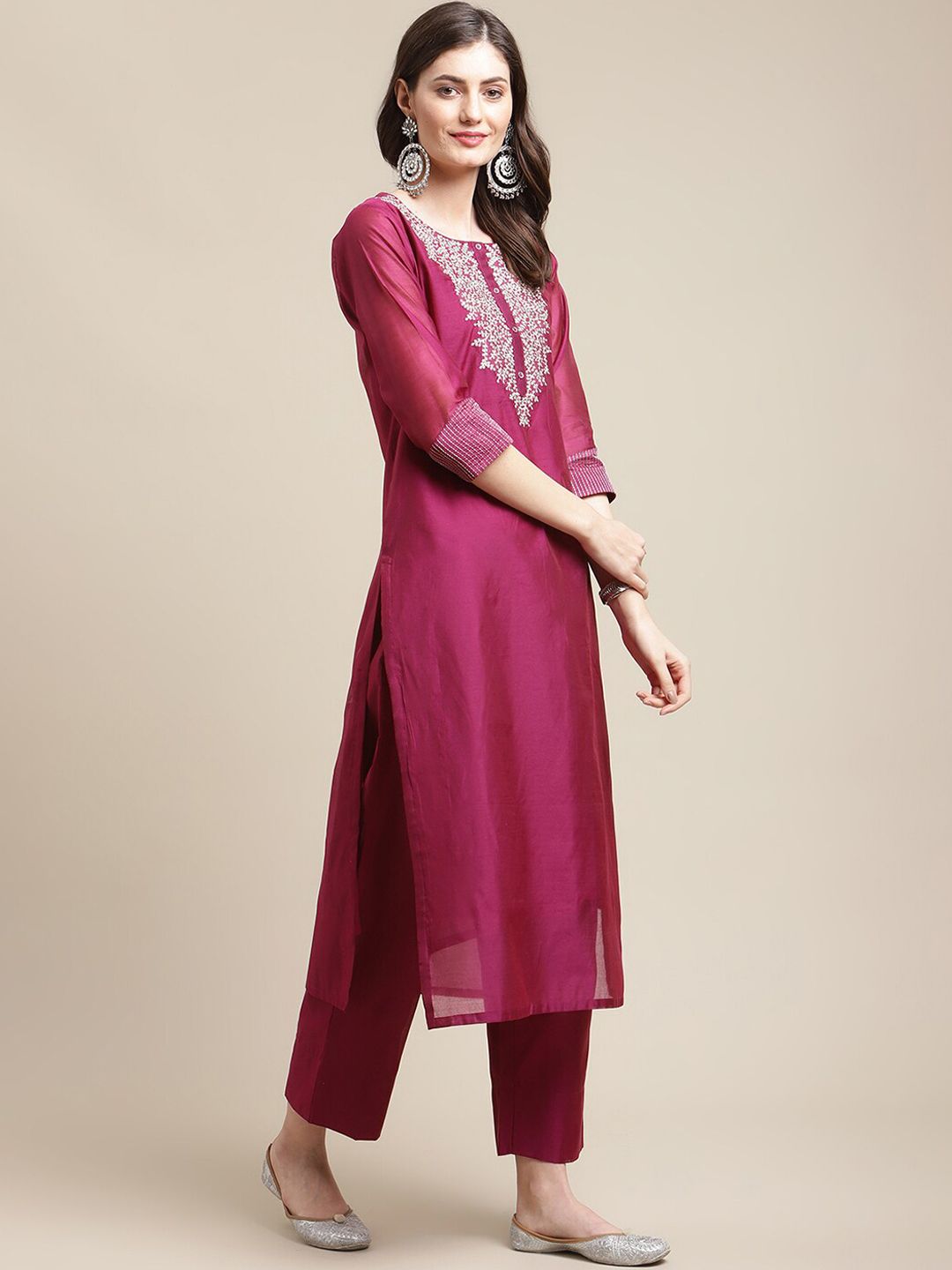 Indyancart VA Women's Magenta Floral Embroidered Chanderi Silk Kurta with Trousers & With Dupatta