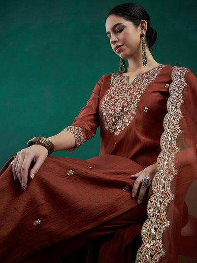 Indyancart IE Ethnic Motifs Embroidered Regular Liva Zari Kurta With Trousers & Dupatta