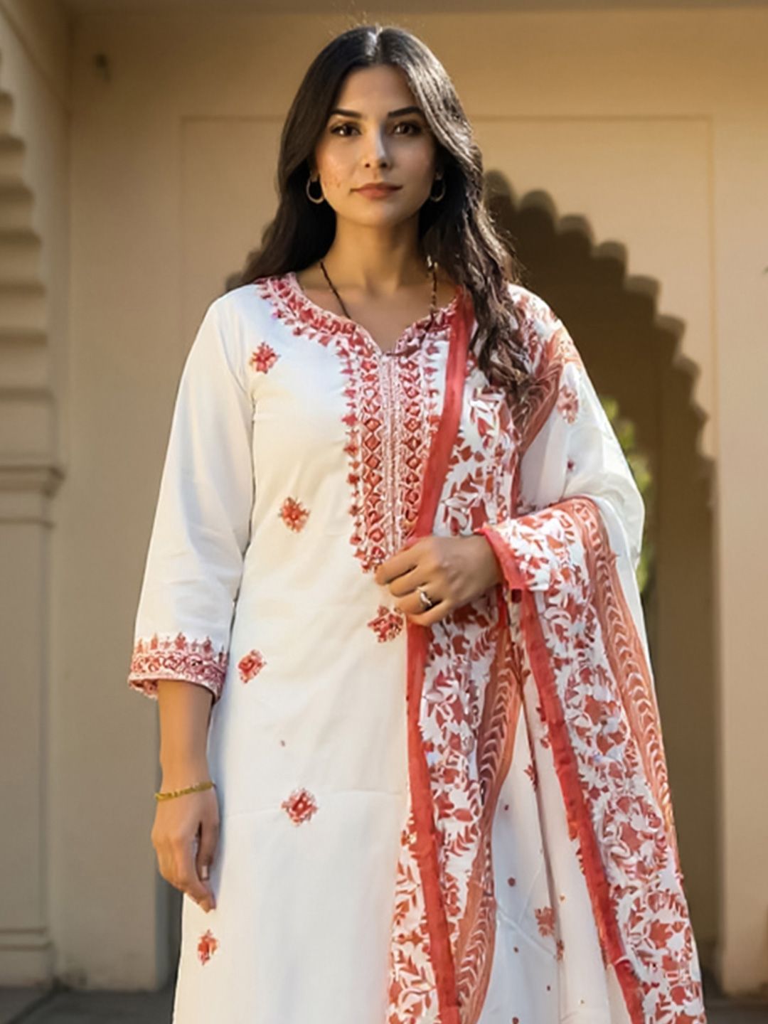 Floral Embroidered Pure Cotton Kurta With Trousers & Dupatta
