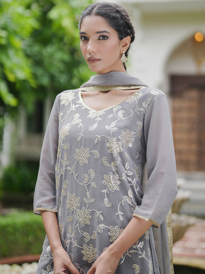 Indyancart IE Floral Embroidered Kurta With Sharara & Dupatta