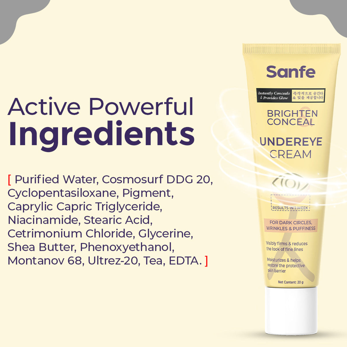 Sanfe Brighten & Conceal Undereye Cream, Dark Circles & Wrinkles Removal, Hyaluronic Acid & Collagen