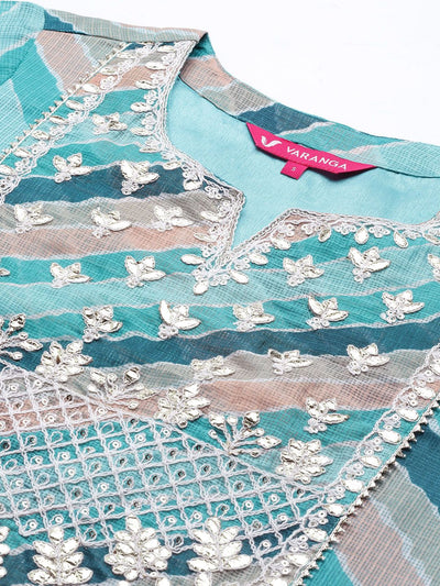 Indyancart VA Women's Teal Leheriya Printed Gotta Patti Chanderi Cotton Kurta with Sharara & With Dupatta