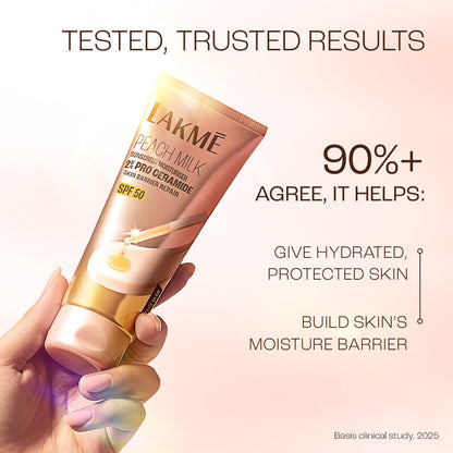 Lakme Peach Milk SPF 50 Sunscreen Moisturiser With 2% Pro-Ceramides & Peptides