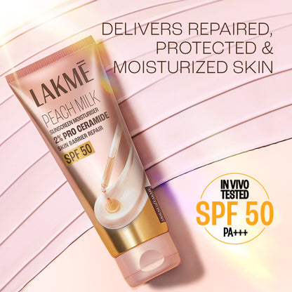 Lakme Peach Milk SPF 50 Sunscreen Moisturiser With 2% Pro-Ceramides & Peptides