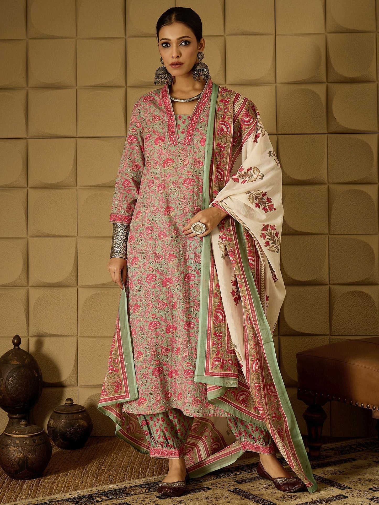 Indyancart IE Floral Printed Pure Cotton Kurta Straight Kurta With Salwar And Dupatta
