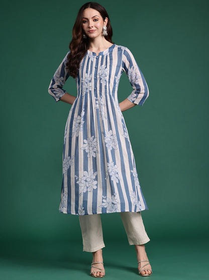Indyancart IE Women Floral Printed Regular Pure Cotton Kurta with Trousers