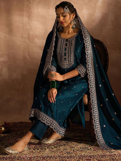 Dhiyona IE Ethnic Motifs Embroidered Thread Work Straight Kurta with Trouser & Dupatta