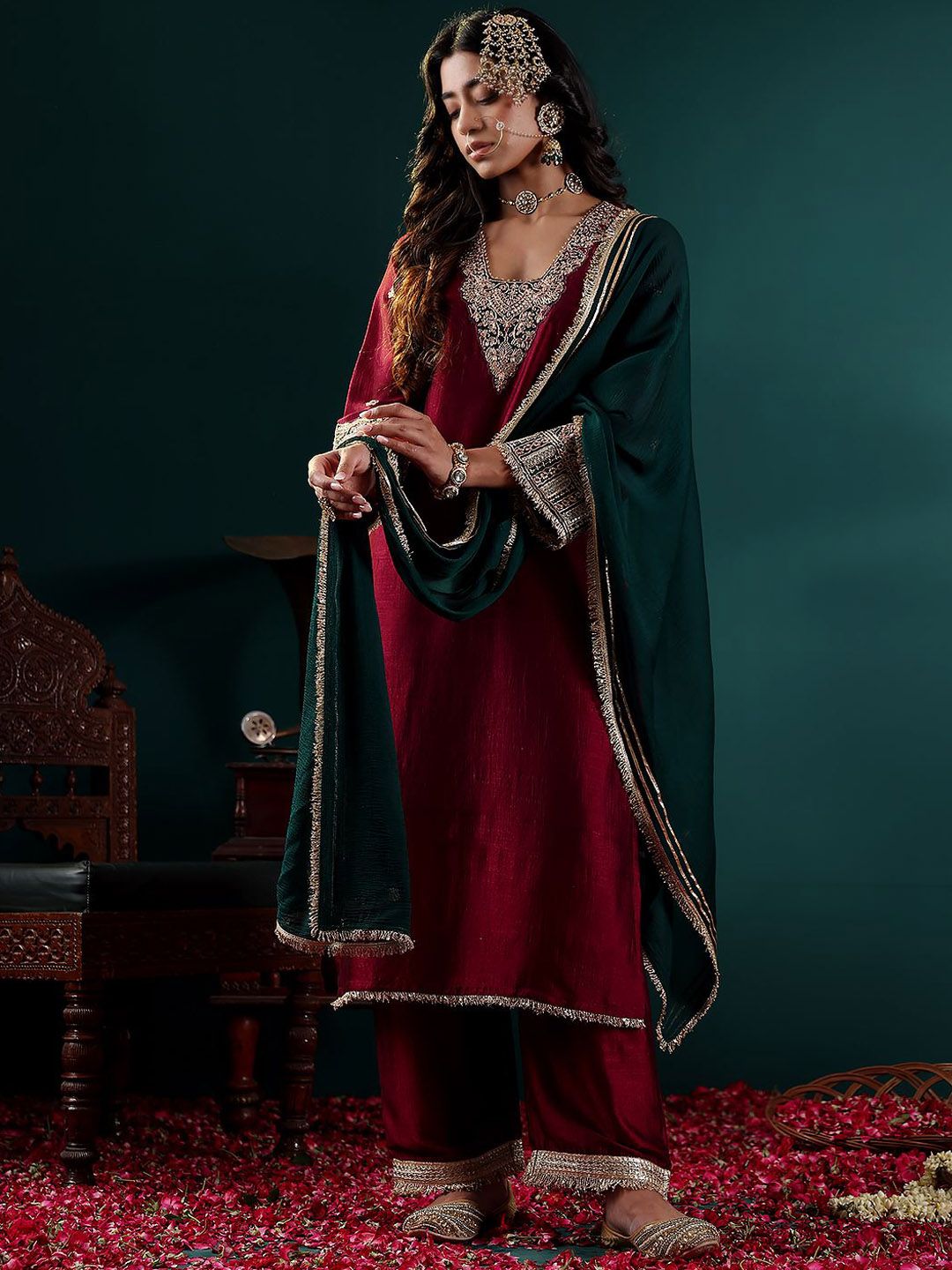 Indyancart VA Women'sMaroon Floral Embroidered Sequinned Straight Kurta with Palazzos & Dupatta